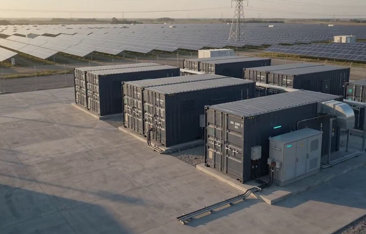 Rows of containerised battery storage beside a large solar array