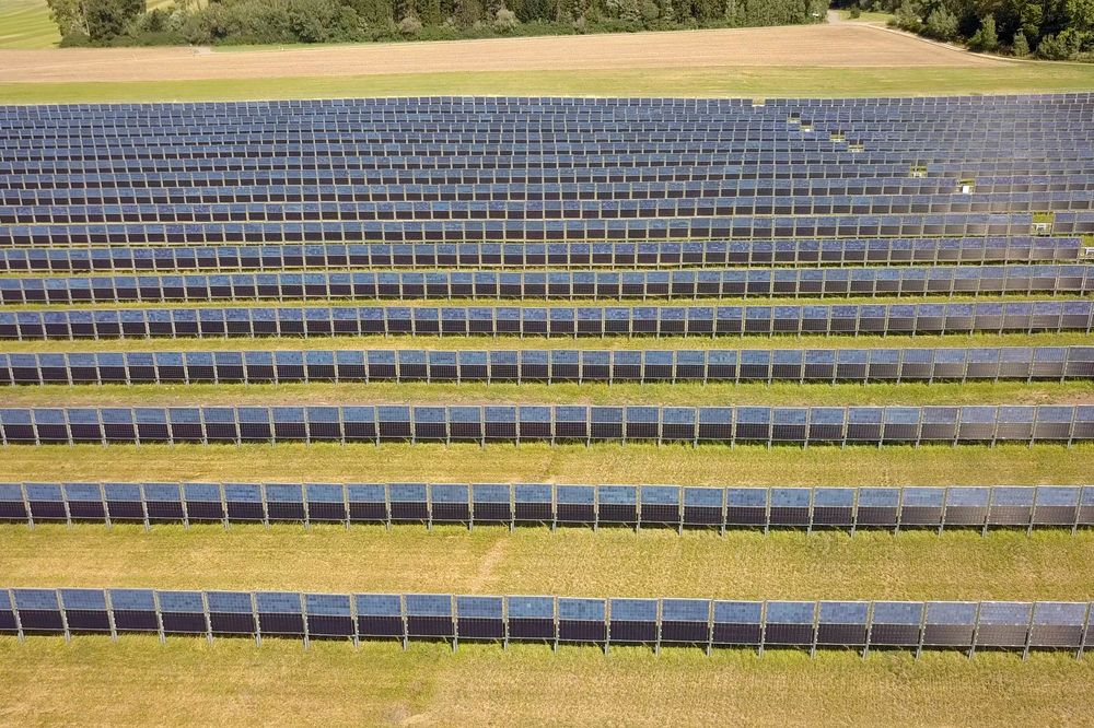 Rows of solar panels across an open field
