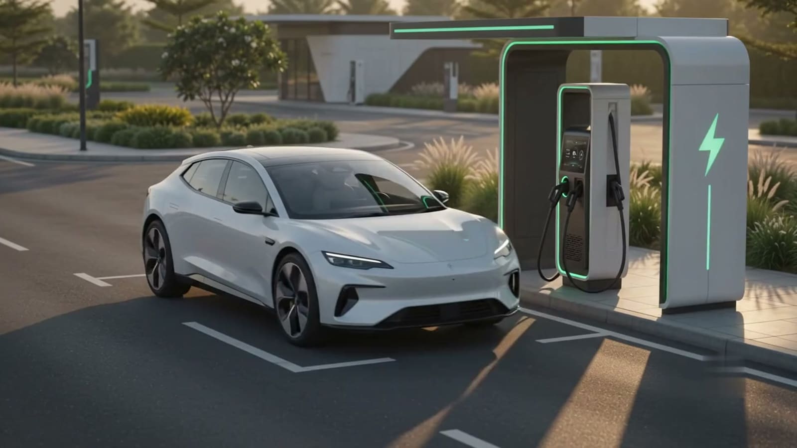 An electric car parked at a charging bay beside a lit charging unit, early evening